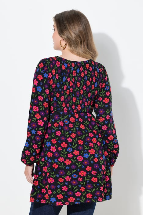 T-Shirt, A-Linie, gesmokte Büste, Blumenmuster