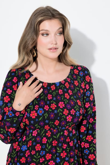 T-Shirt, A-Linie, gesmokte Büste, Blumenmuster