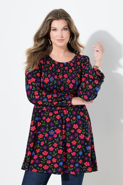 T-Shirt, A-Linie, gesmokte Büste, Blumenmuster