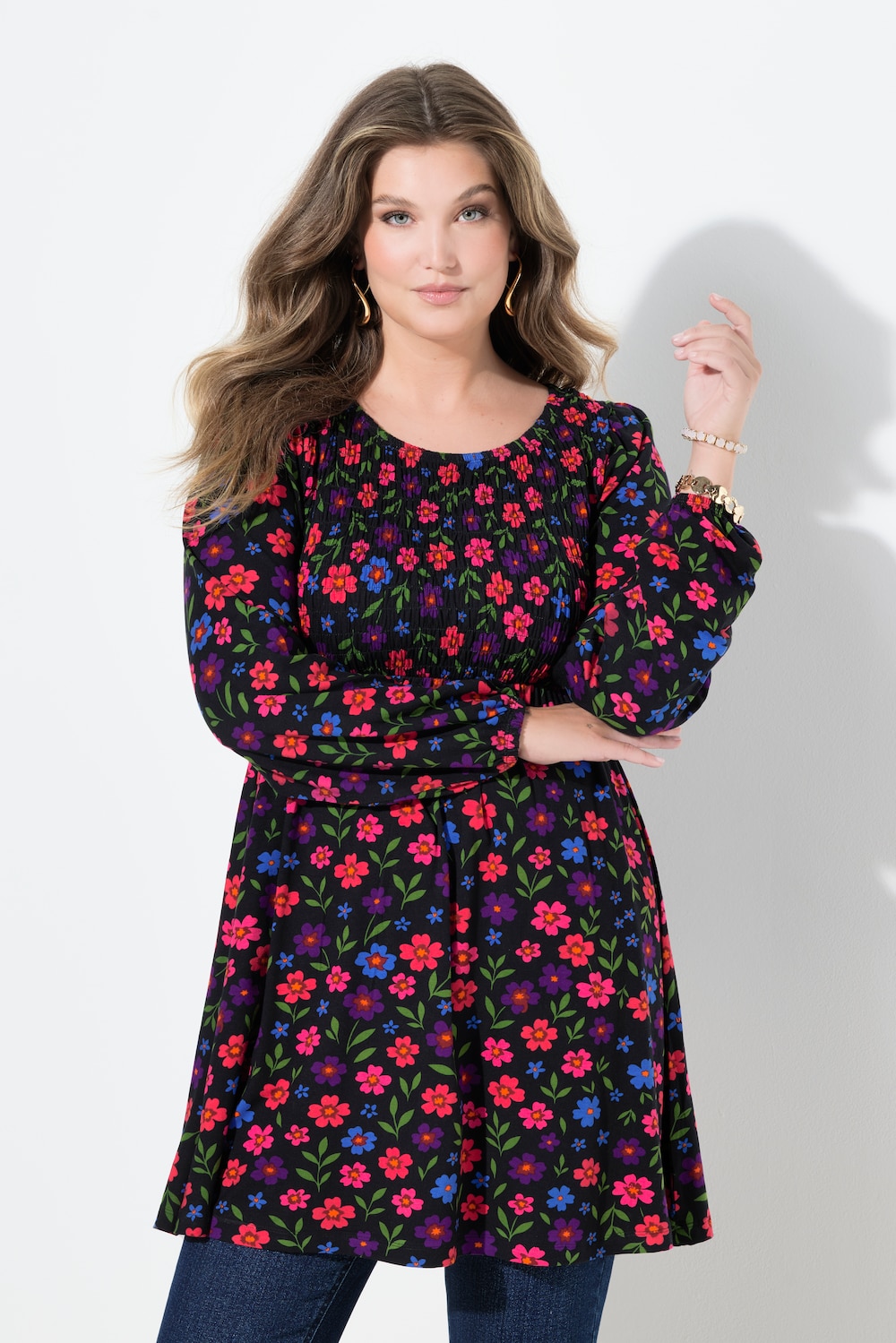 T-Shirt, A-Linie, gesmokte Büste, Blumenmuster