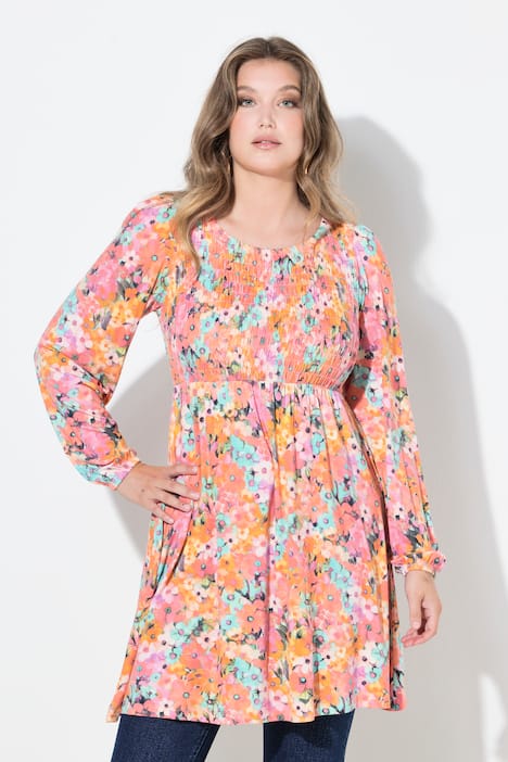 T-Shirt, A-Linie, gesmokte Büste, Blumenmuster