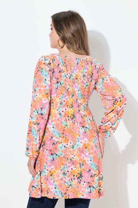 T-Shirt, A-Linie, gesmokte Büste, Blumenmuster