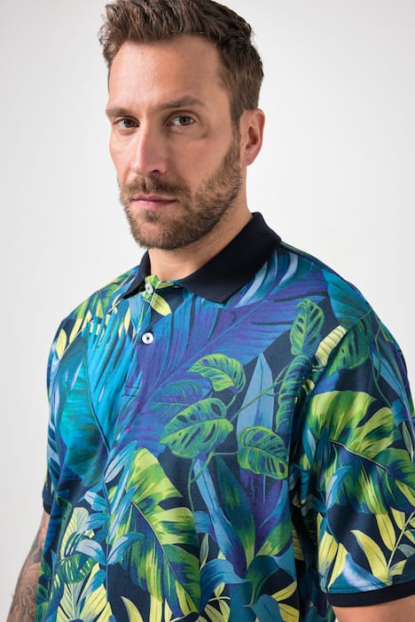 Maglia polo JP1880 in piqué con taglio speciale per l'addome, fantasia floreale e mezze maniche, disponibile dalla tg. XXL fino alla tg. 8XL