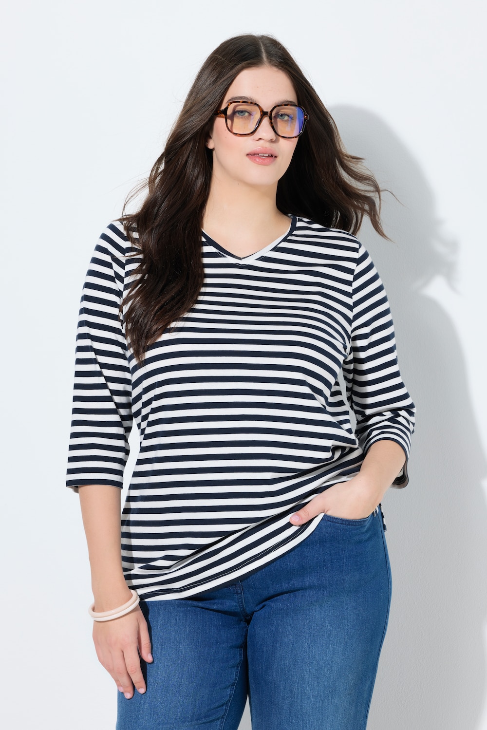 Shirt, Ringel, V-Ausschnitt, 3/4-Arm, Biobaumwolle