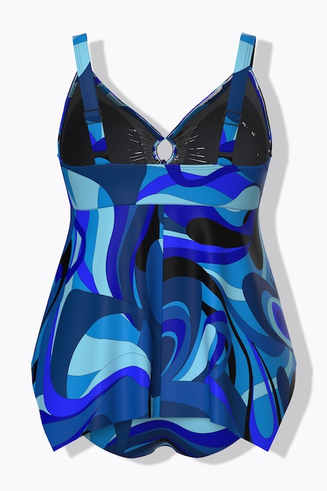 Tankini con fantasia a onde, anello decorativo, coppe morbide e materiale riciclato
