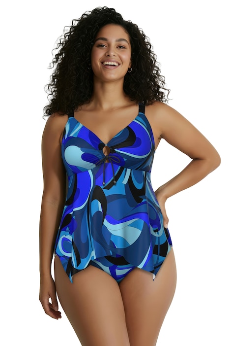 Tankini, vlnový vzor, ozdobný kroužek, měkké košíčky, recyklovaný materiál