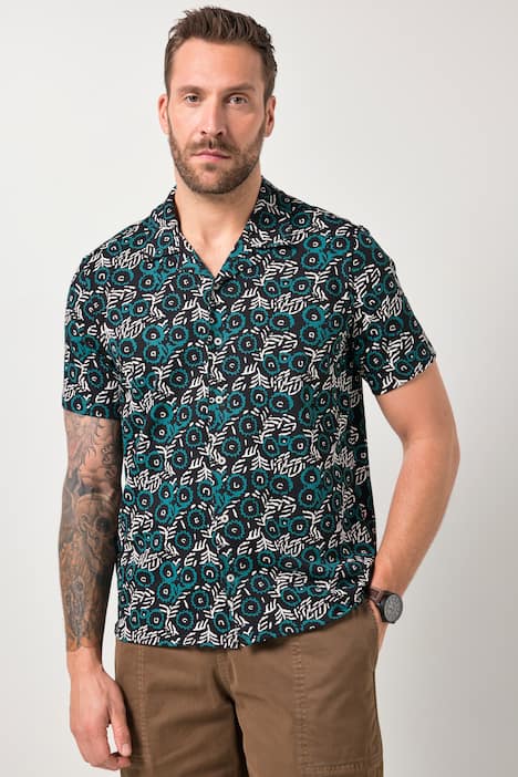 Chemise JP 1880 en jersey, manches courtes, col cubain et imprimé all-over, coupe Cuba-Fit - jusqu'au 8 XL