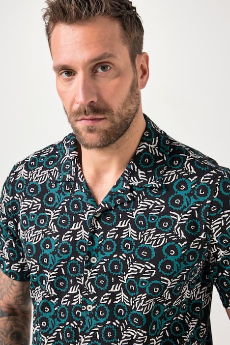 Chemise JP 1880 en jersey, manches courtes, col cubain et imprimé all-over, coupe Cuba-Fit - jusqu'au 8 XL