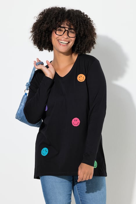 T-Shirt, A-Linie, Frottee-Smileys, Langarm