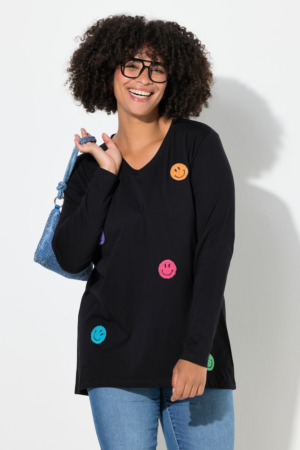 T-Shirt, A-Linie, Frottee-Smileys, Langarm