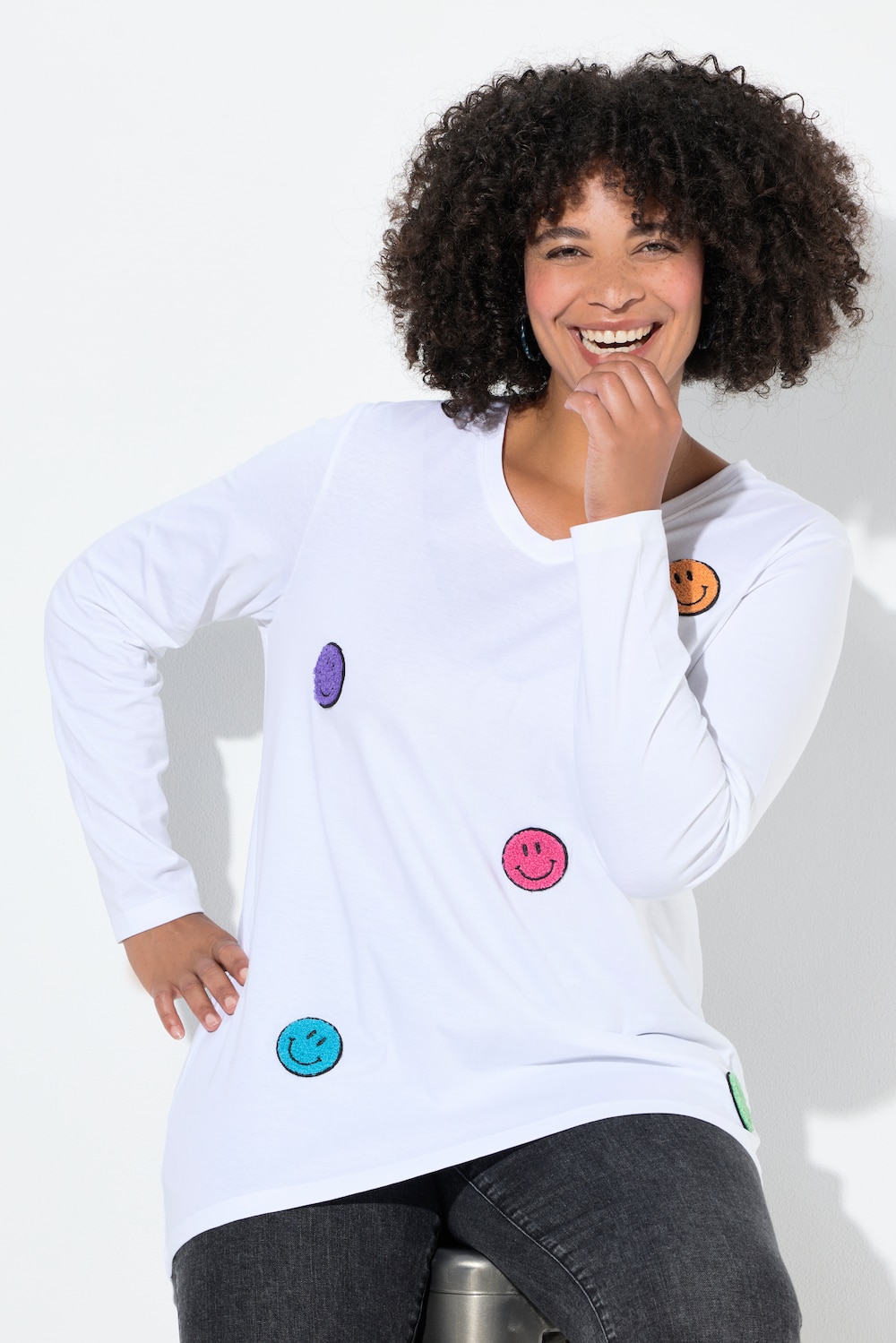 T-Shirt, A-Linie, Frottee-Smileys, Langarm