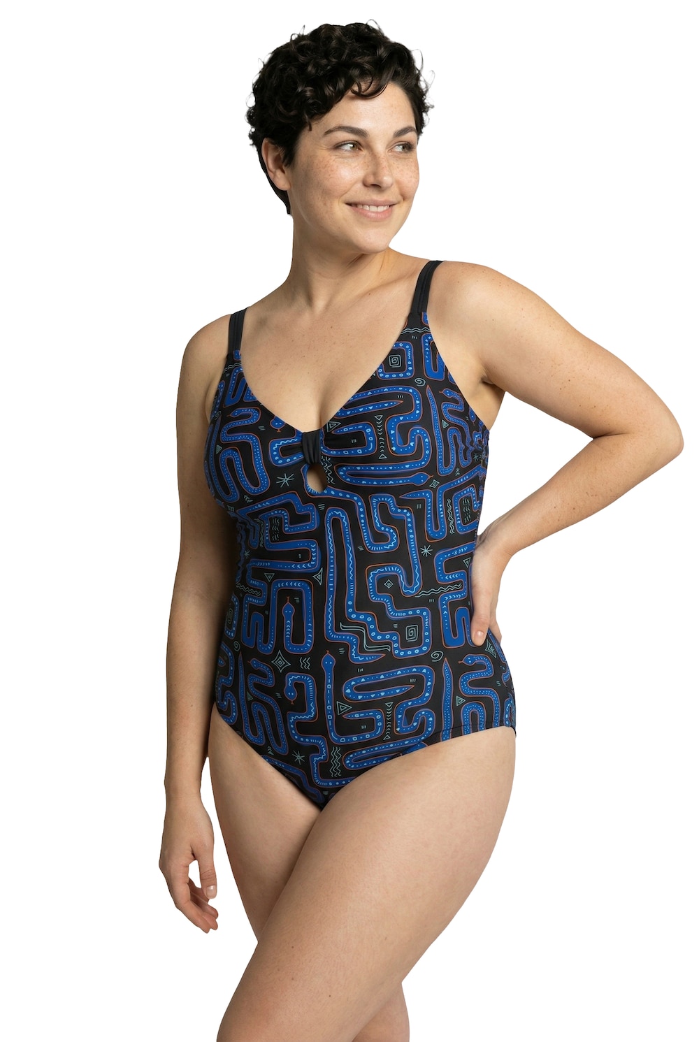 Stora storlekar Baddräkt i ormmönster med softcups tillverkad i återvunnet material, Dam, svart, storlek: 42, Polyester/Elastan, Ulla Popken