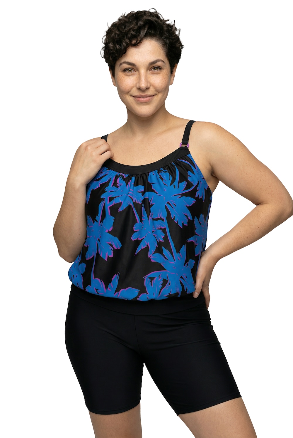 Stora storlekar Tankini med shorts i palmmönster med softcups och justerbara axelband, Dam, svart, storlek: 46/48, Syntetfibrer/Elastan, Ulla Popken