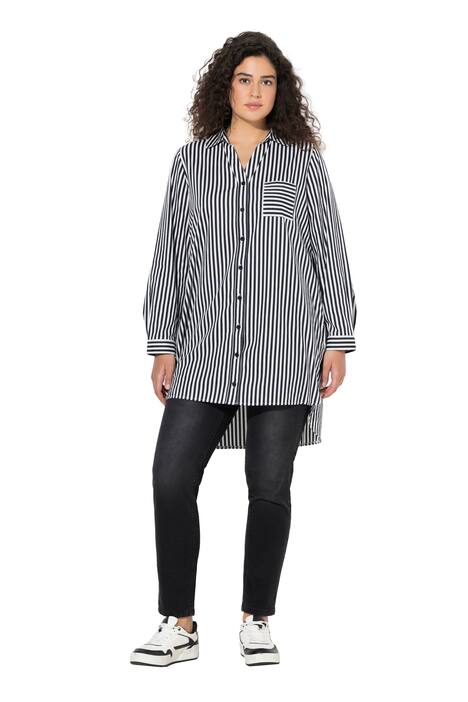 Košilová halenka, proužky, košilový límec, áčkový střih, dlouhé rukávy