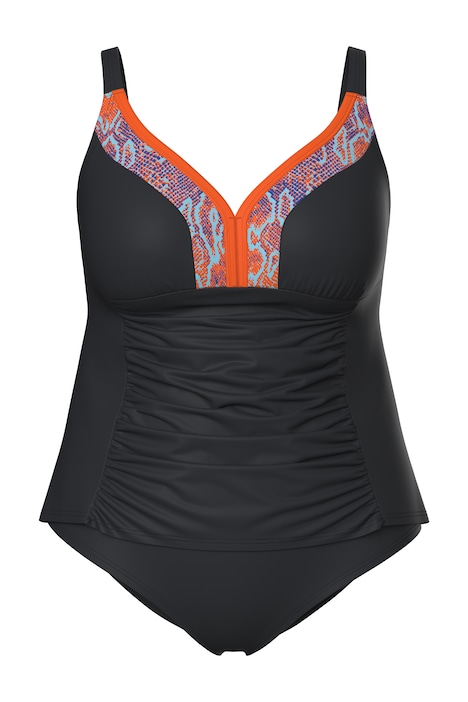 Tankini, nabíraná látka, ozdobný lem, měkké košíčky, nastavitelné ramínka