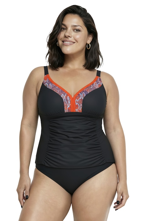 Tankini, nabíraná látka, ozdobný lem, měkké košíčky, nastavitelné ramínka