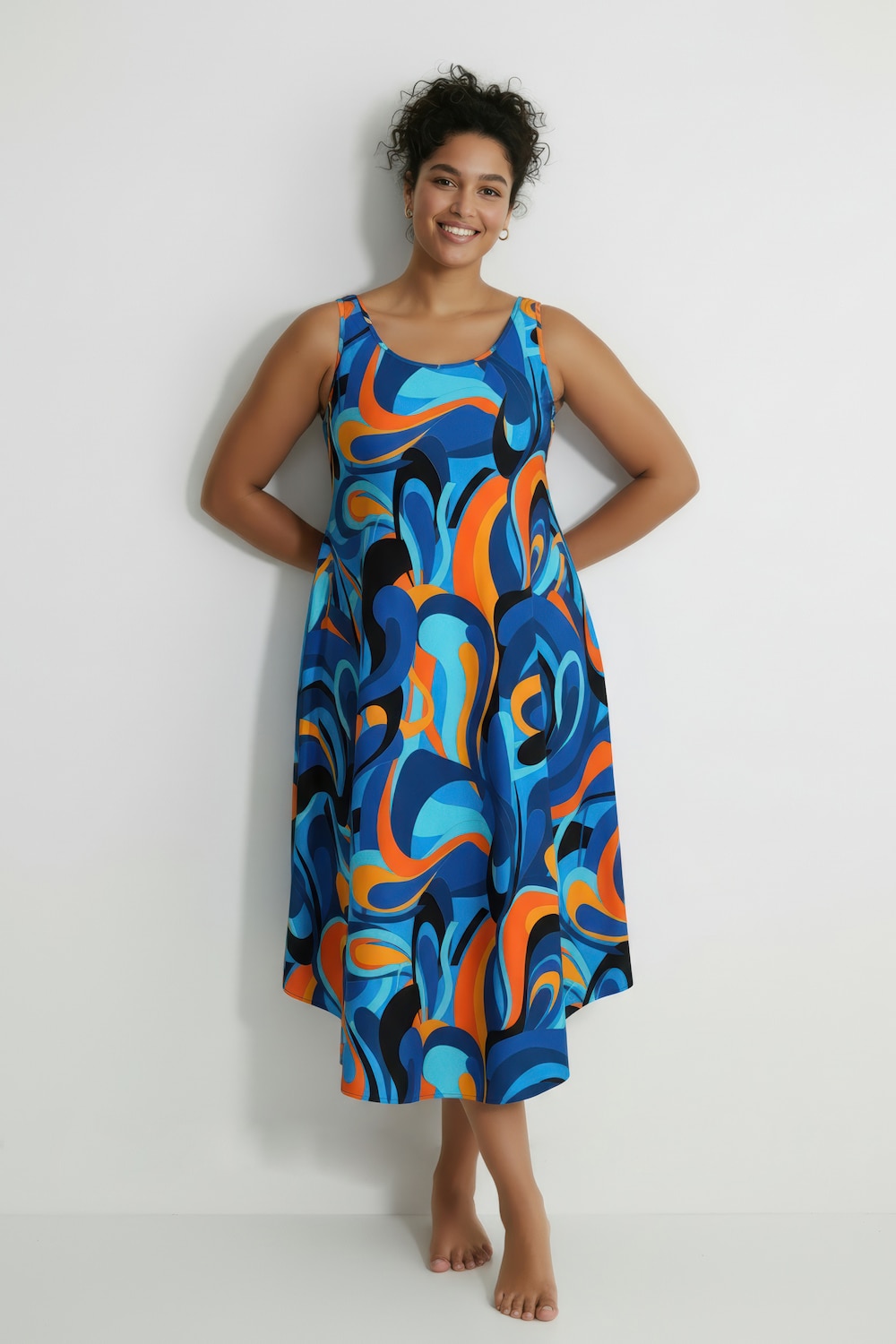 Midikleid, Wellenmuster, A-Linie, Rundhals, ärmellos