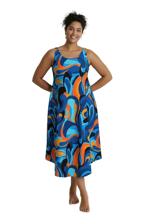 Midi šaty, vlnitý vzor, áčkový střih, kulatý výstřih, bez rukávů