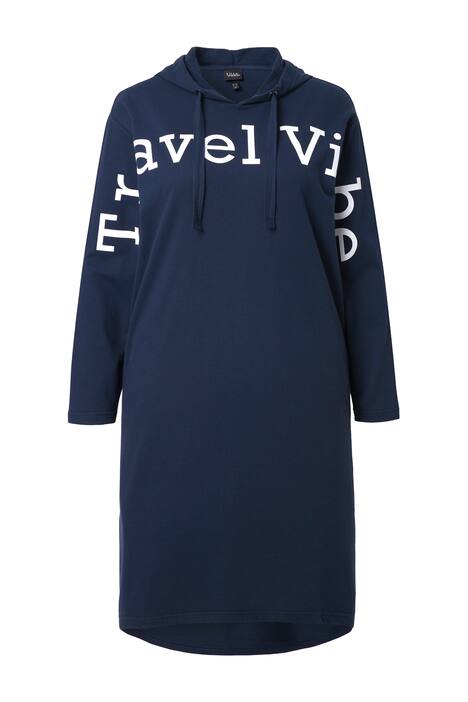 Midi šaty z teplákoviny, nápis, kapuca, dlouhý rukáv