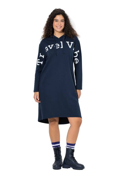 Midi šaty z teplákoviny, nápis, kapuca, dlouhý rukáv
