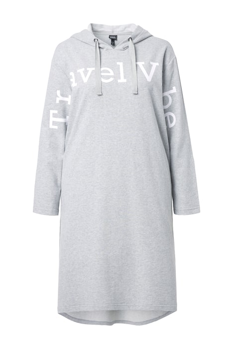 Midi šaty z teplákoviny, nápis, kapuca, dlouhý rukáv