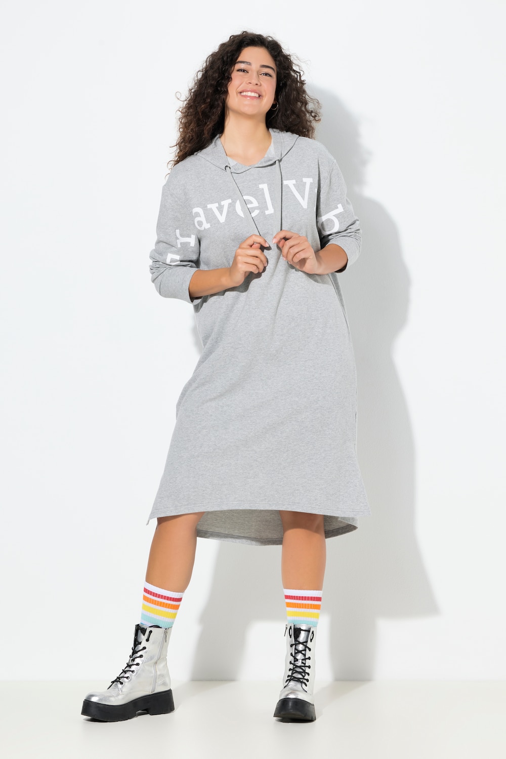 Sweat-Midikleid, Schriftzug, Kapuze, Langarm