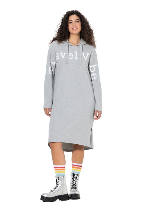 Midi šaty z teplákoviny, nápis, kapuca, dlouhý rukáv