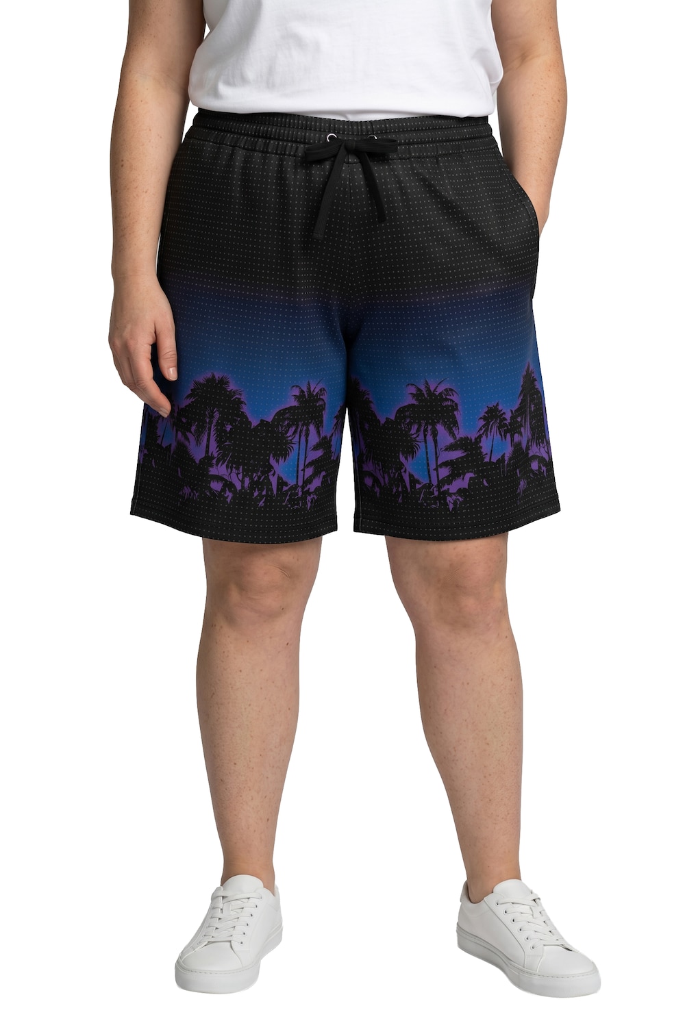 Stora storlekar Sportiga shorts med palmmönster, Dam, svart, storlek: 58/60, Polyester, Ulla Popken