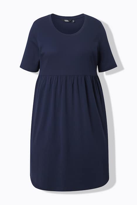 Jurk, ribjersey, ronde hals, A-lijn, korte mouwen