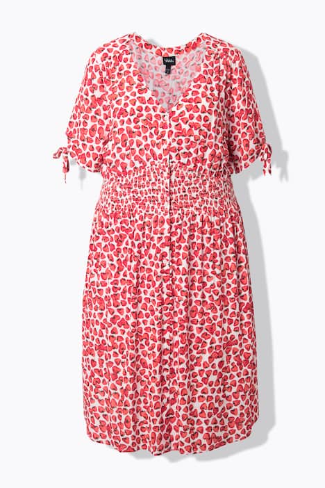 Midi-jurk, aardbeien, A-lijn, V-hals, korte mouwen