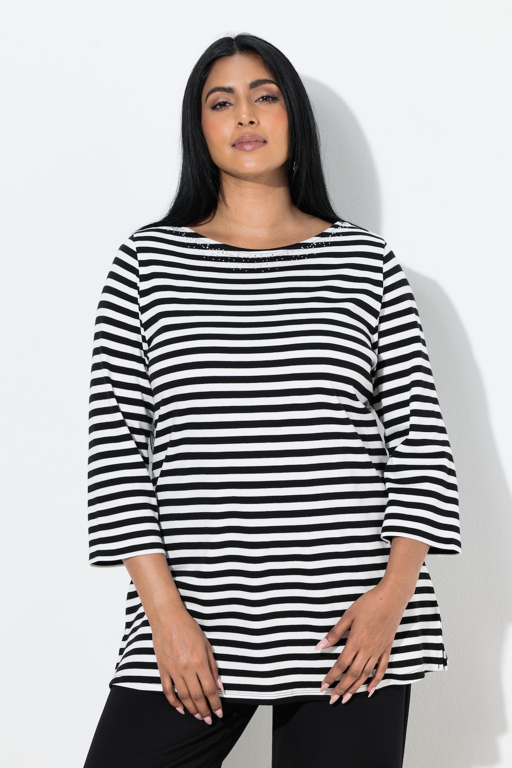 Thumbnail - Große Größen Ringelshirt, Damen, schwarz, Größe: 42/44, Baumwolle, Ulla Popken