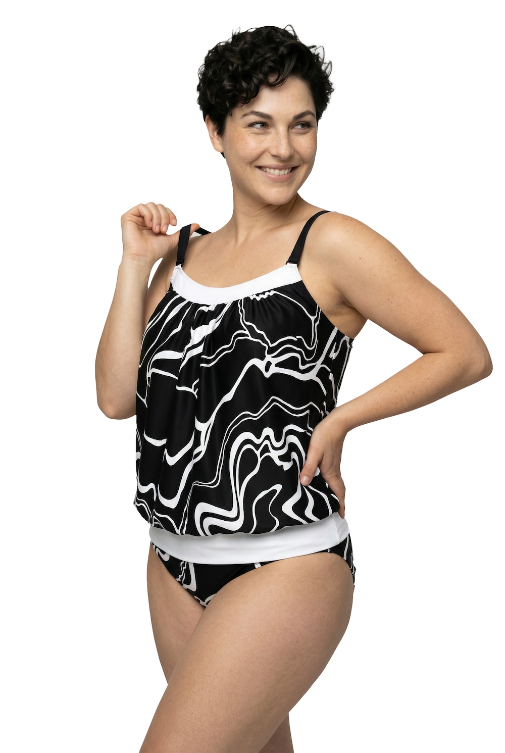 Stora storlekar Tankini i svartvitt mönster med softcups och justerbara axelband, Dam, svart, storlek: 42/44, Syntetfibrer/Elastan, Ulla Popken