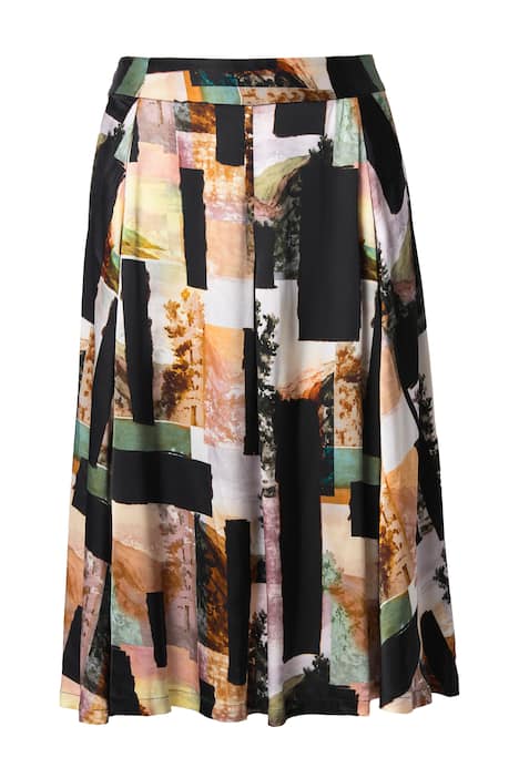 Midi sukně, krajinný design, áčkový střih, prošívané sklady