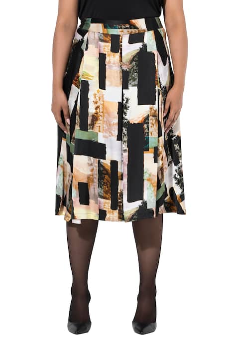 Midi sukně, krajinný design, áčkový střih, prošívané sklady