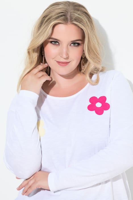 T-Shirt, A-Linie, Frottee-Blumen, Langarm