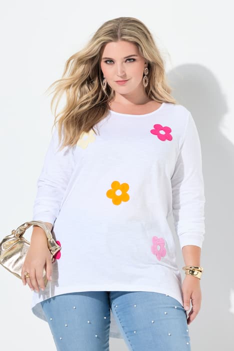T-Shirt, A-Linie, Frottee-Blumen, Langarm