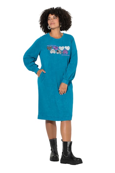 Teplákové šaty, rovný střih, potisk, dlouhé balónové rukávy