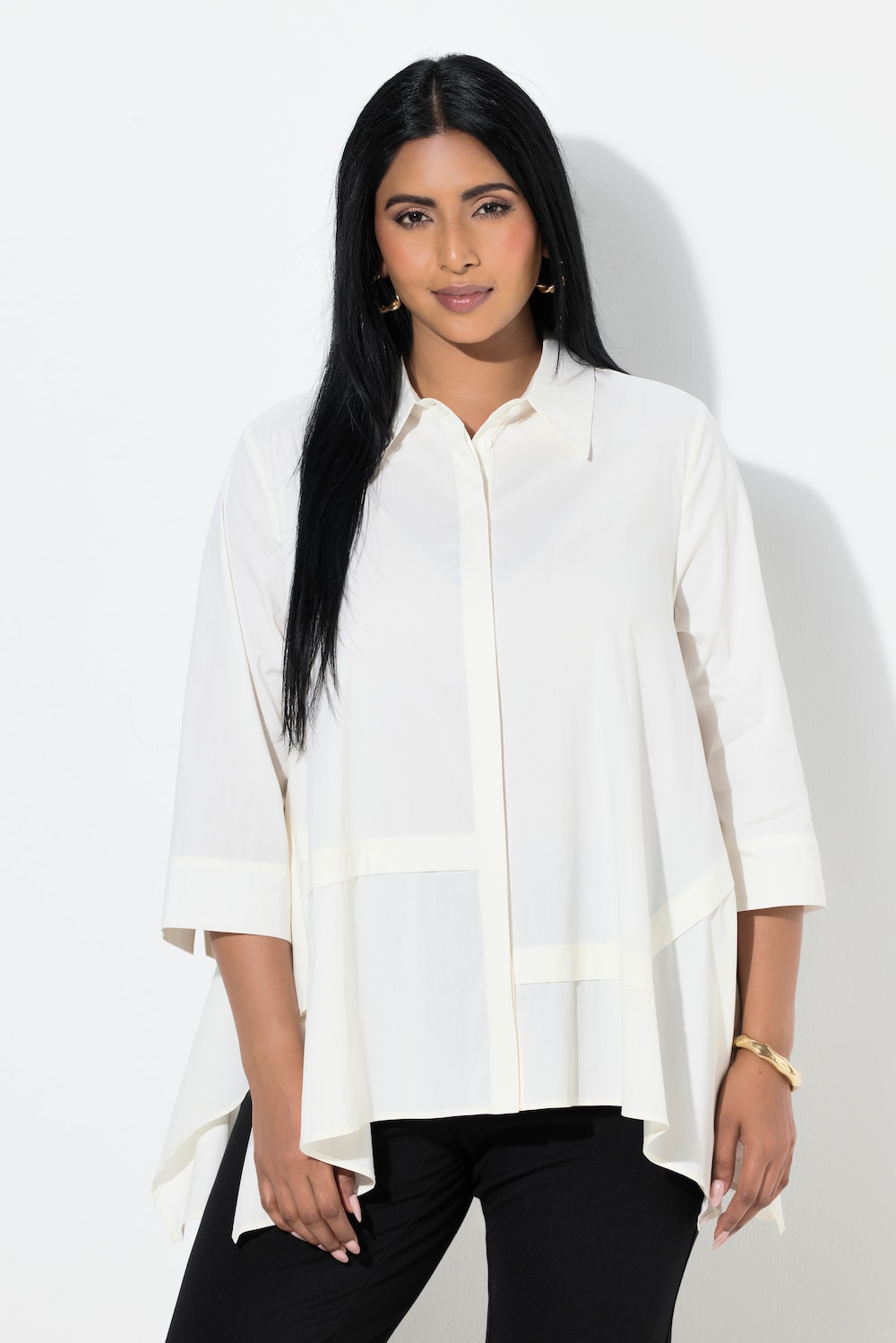 Bluse, Ziernähte, Hemdkragen, 3/4-Arm, asymmetrisch