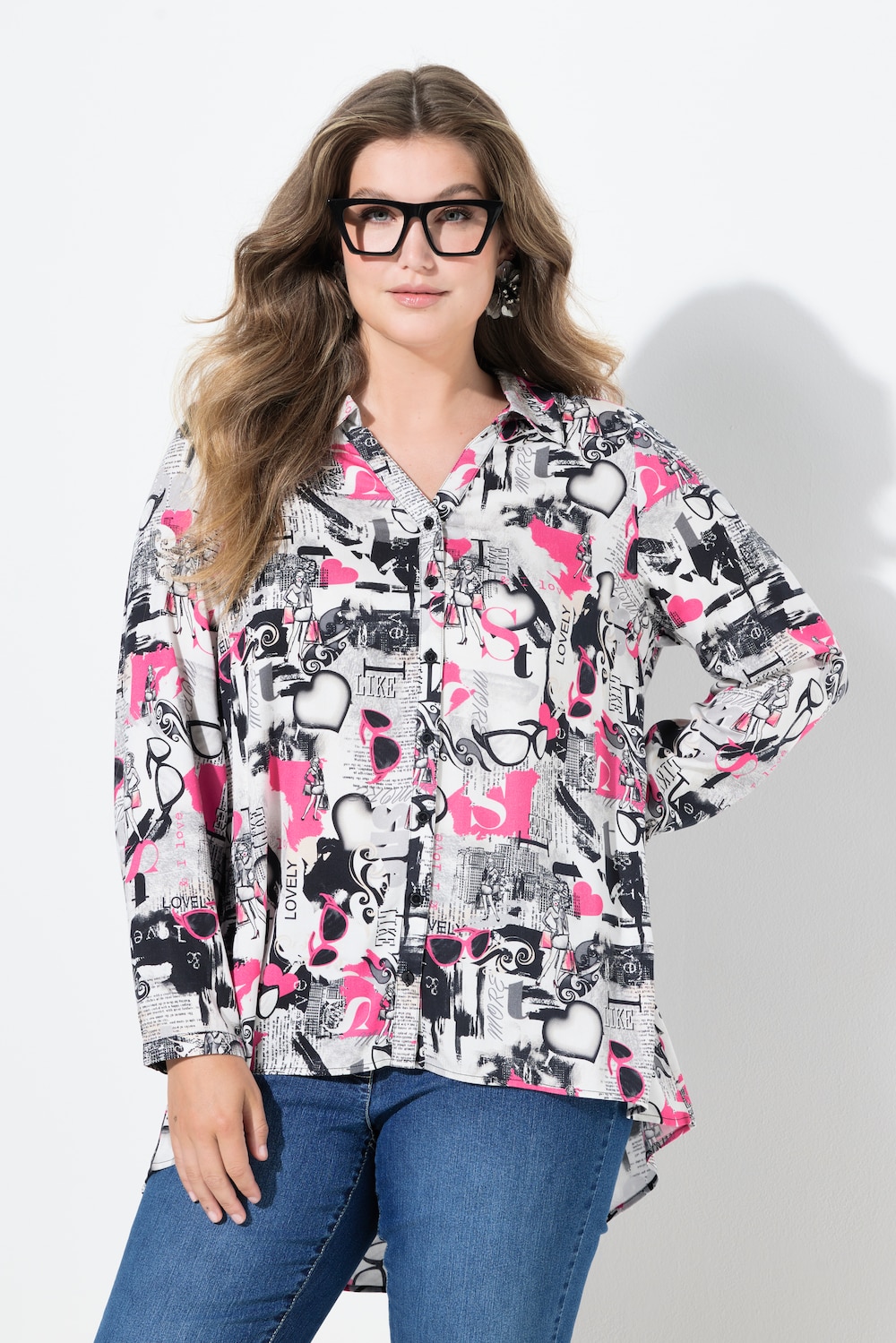 Blouse, A-lijn, brilmotief, lange mouw
