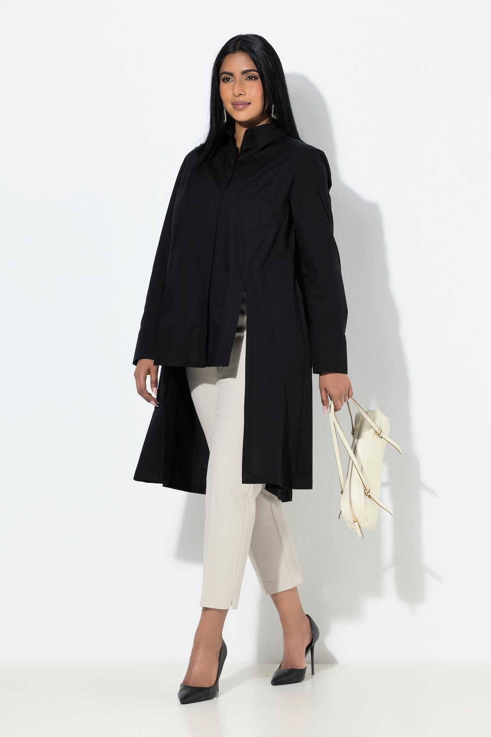 Longbluse, Zierschlitze, A-Linie, Hemdkragen, Langarm