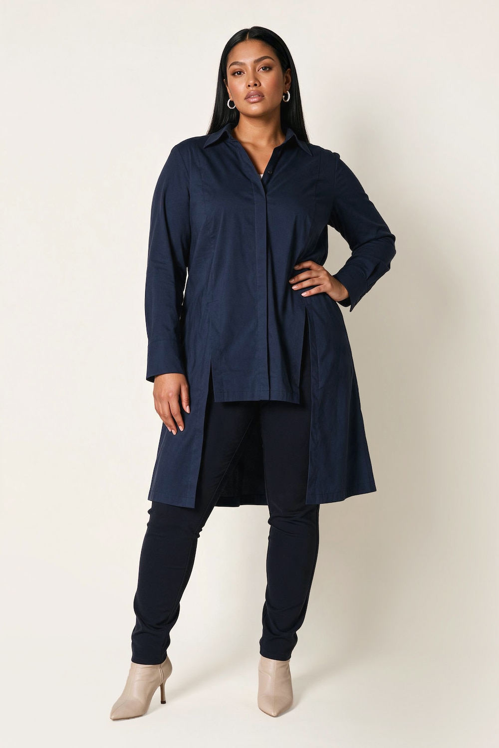 Longbluse, Zierschlitze, A-Linie, Hemdkragen, Langarm