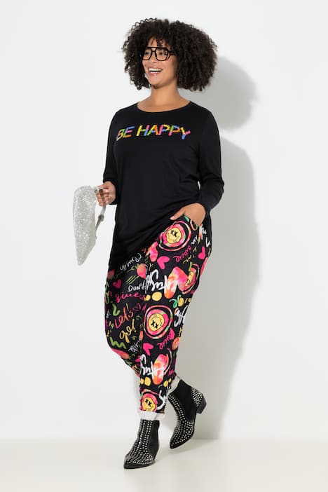 Joggingbroek, loose fit, crinkle sweatstof, smileys