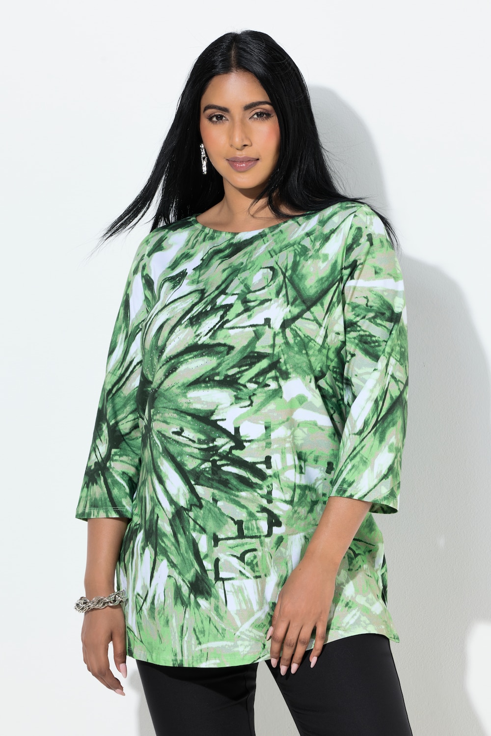 Pima Cotton Shirt, Ziersteine, A-Linie, U-Boot-Ausschnitt, 3/4-Arm