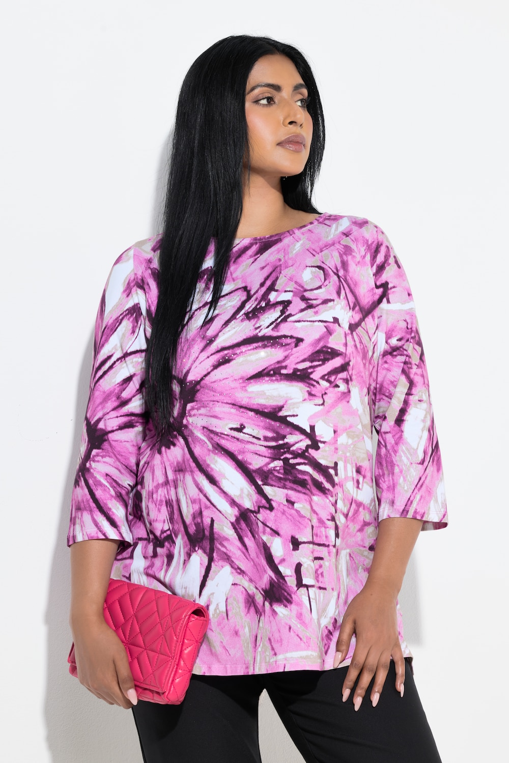 Pima Cotton Shirt, Ziersteine, A-Linie, U-Boot-Ausschnitt, 3/4-Arm