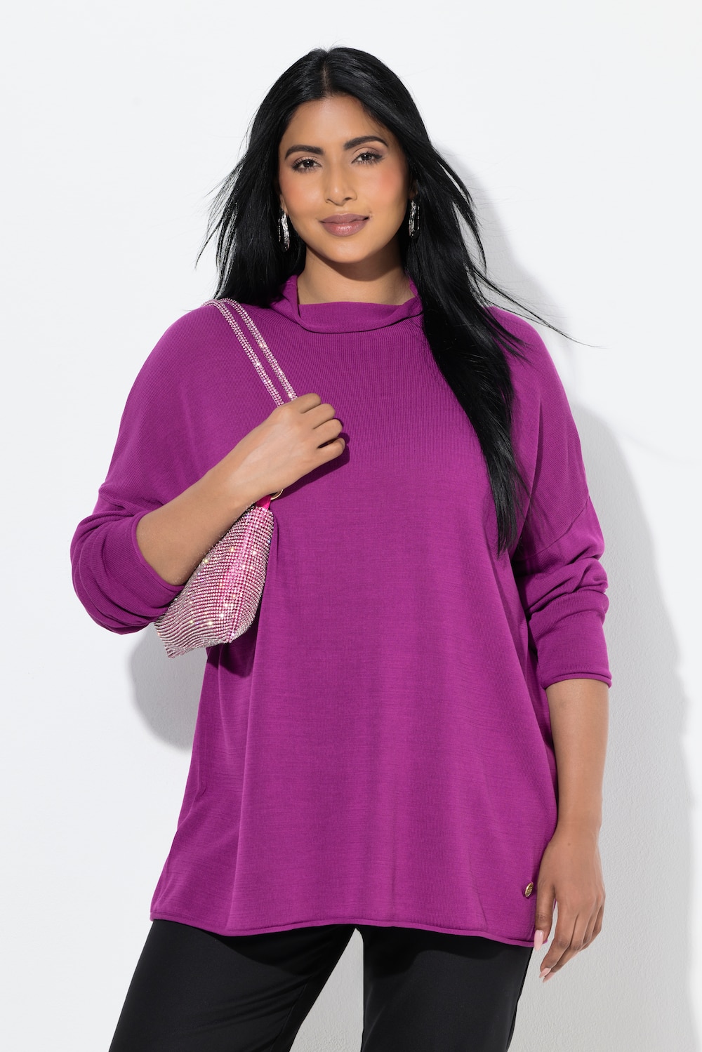 Pullover, Rollkanten, Boxy, Stehkragen, Langarm