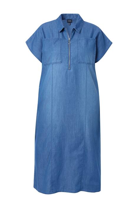Midi šaty, džínový vzhled, košilový límec, zip, polo rukávy