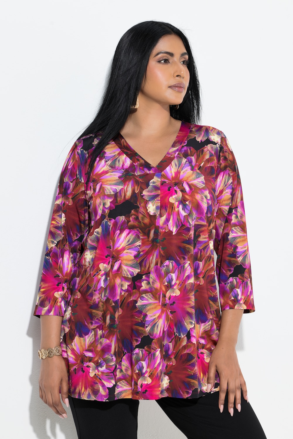 Slinky-Shirt, Blüten, A-Linie, V-Ausschnitt, 3/4-Arm