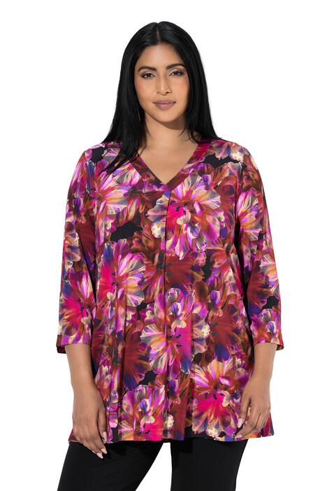 Splývavé elastické tričko, květinový vzor, áčkový střih, V-výstřih, 3/4 rukávy