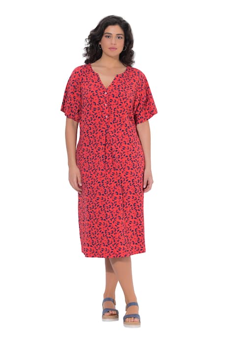 Midi šaty, jahody, tunikový výstřih, polo rukávy