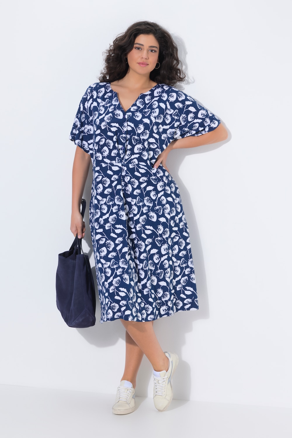 Midi-jurk, aardbeien, tuniekhals, korte mouwen